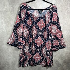 Adele & May Blouse Womens 3X Blue Red Floral Tunic 3/4 Sleeves Casual Boho‎